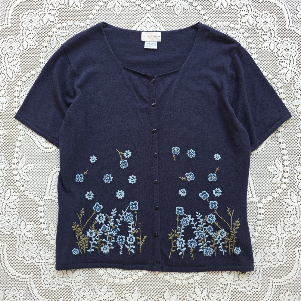 VTG Cottagecore Sweater Size L Blue Floral Embroidered Short Sleeve Lightweight‎